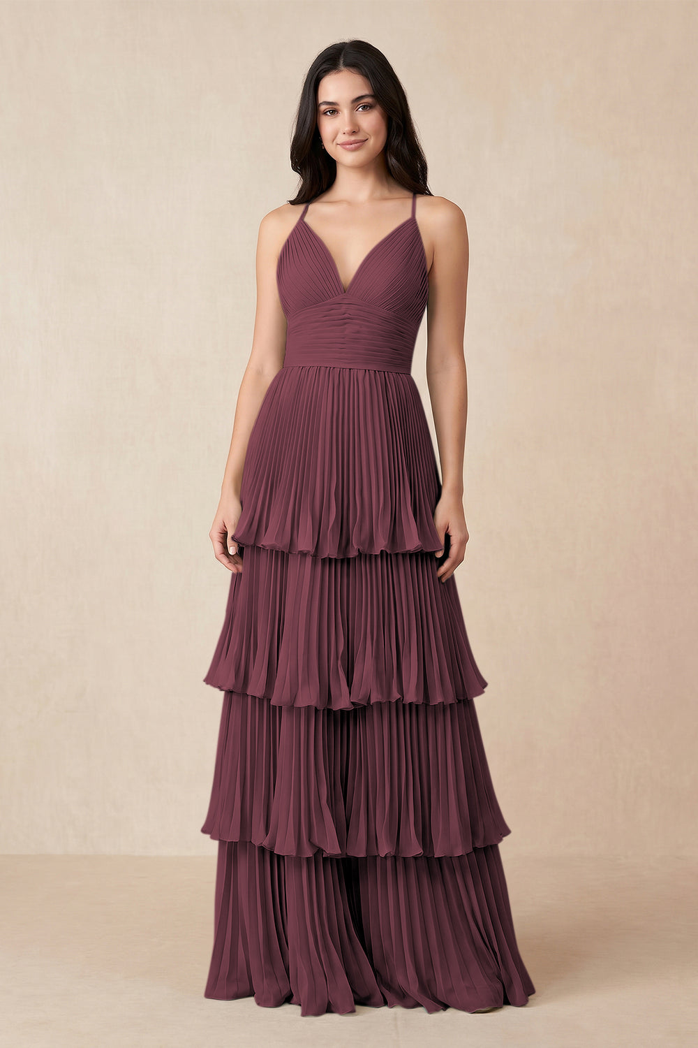Tiered Pleated V-Neck A-Line Chiffon Bridesmaid Dress in Desert Rose