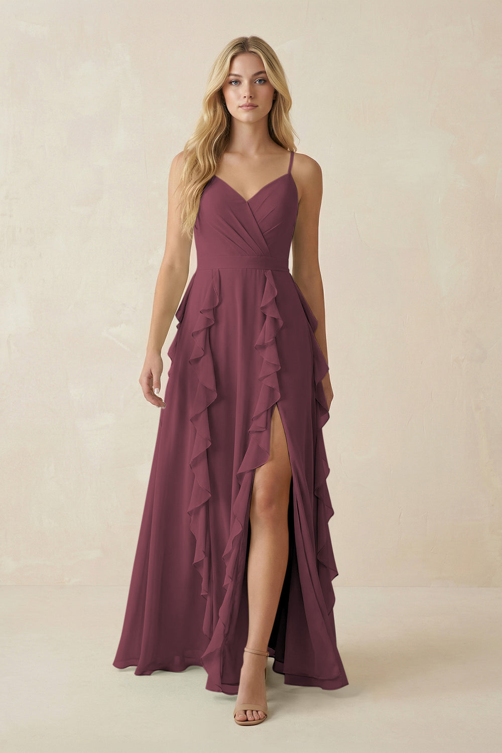 Tiered Ruffle A-Line Chiffon Bridesmaid Dress in Desert Rose