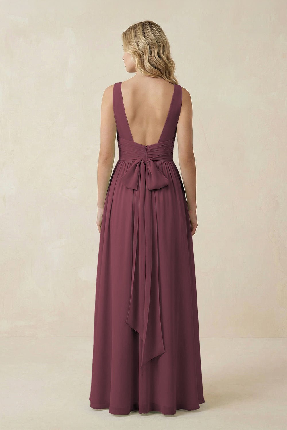 V-Neck A-Line Bridesmaid Dress with Back Bow in Desert Rose