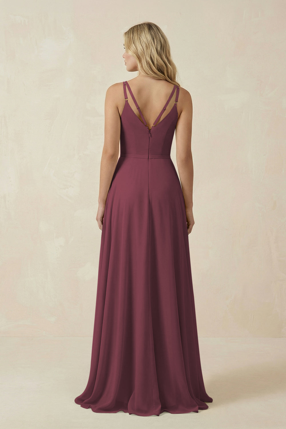 V-Neck A-Line Chiffon Bridesmaid Dress with Crisscross Back in Desert Rose