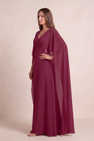Desert Rose V-Neck A-Line Chiffon Mother of the Bride Dress With Cape Sleeves (3) | KISSBRIDAL
