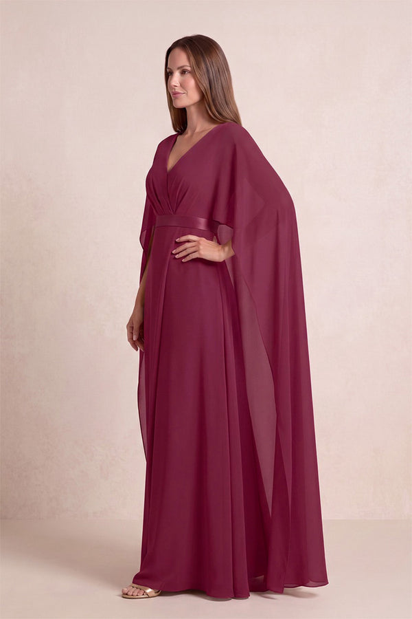 Desert Rose V-Neck A-Line Chiffon Mother of the Bride Dress With Cape Sleeves (3) | KISSBRIDAL