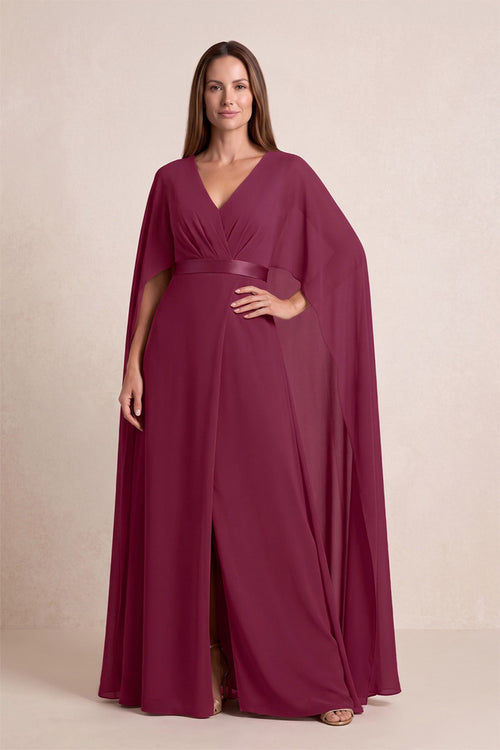 Desert Rose V-Neck A-Line Chiffon Mother of the Bride Dress With Cape Sleeves | KISSBRIDAL