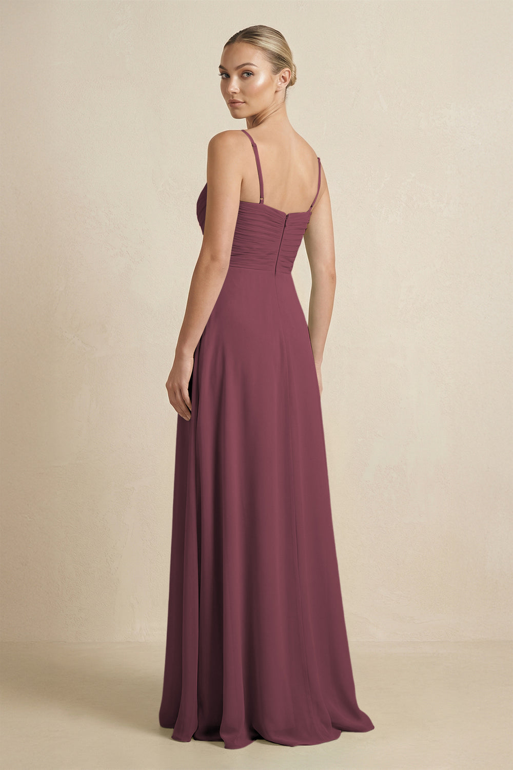 V-Neck A-Line Chiffon Pleated Bridesmaid Dress in Desert Rose