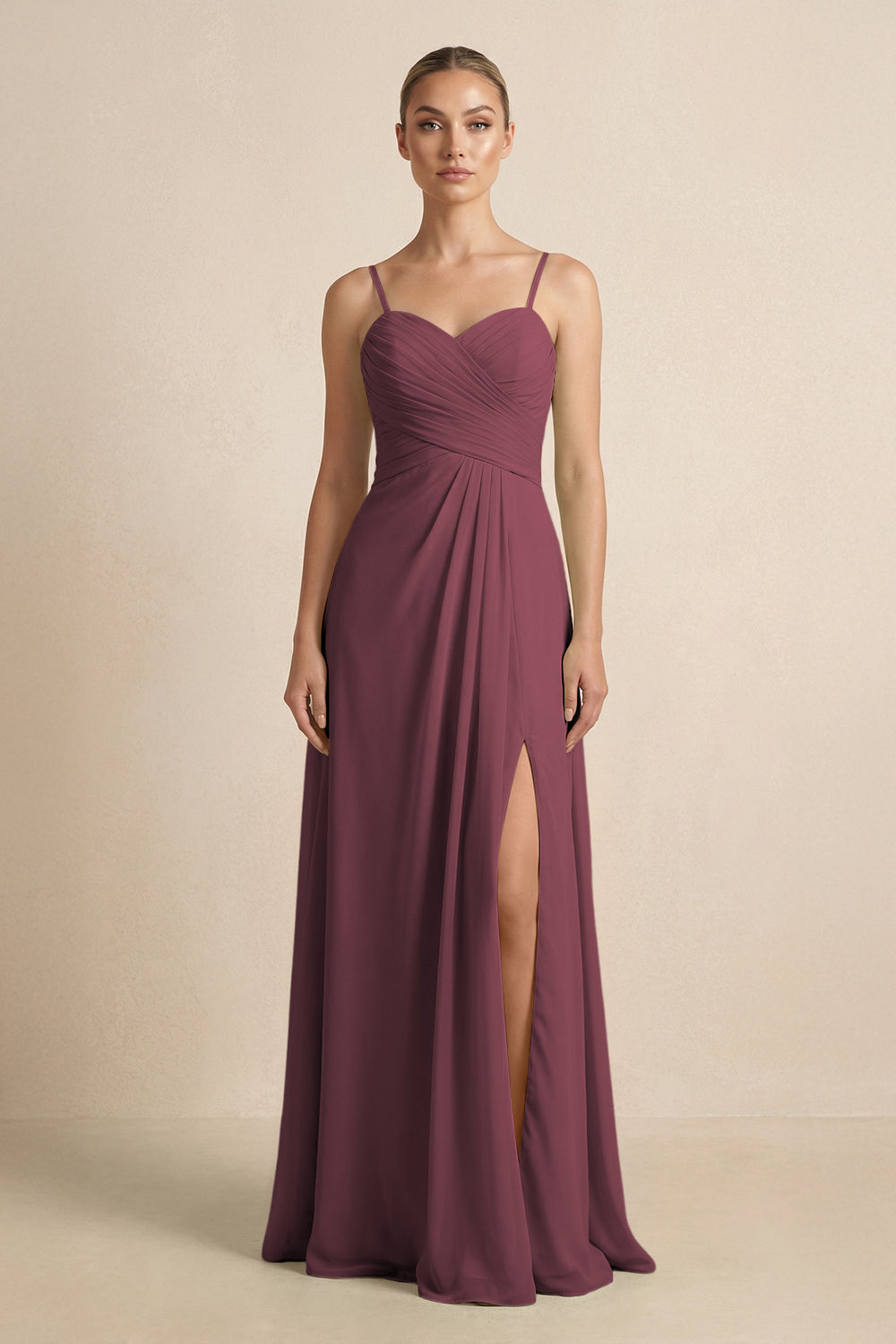 V-Neck A-Line Chiffon Pleated Bridesmaid Dress in Desert Rose