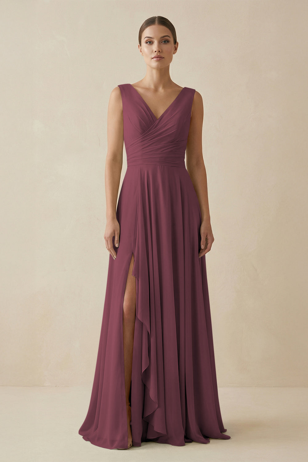 V-Neck A-Line Chiffon Ruffled Bridesmaid Dress in Desert Rose