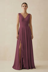 Desert Rose V-Neck A-Line Chiffon Ruffled Bridesmaid Dress | KISSBRIDAL