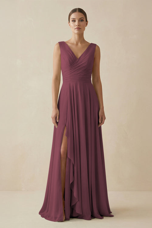 Desert Rose V-Neck A-Line Chiffon Ruffled Bridesmaid Dress | KISSBRIDAL
