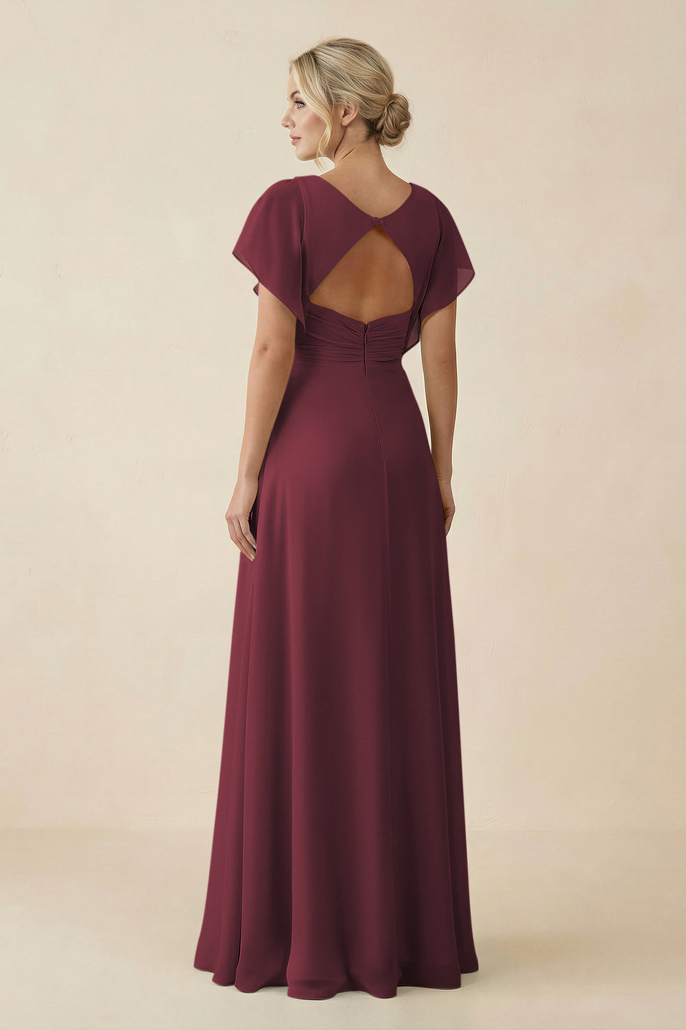 V-Neck Cap Sleeve Chiffon Bridesmaid Dress with Cut-out Back in Desert Rose