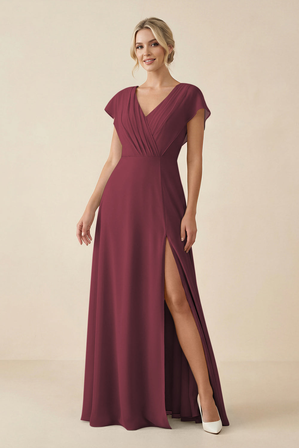 V-Neck Cap Sleeve Chiffon Bridesmaid Dress with Cut-out Back in Desert Rose