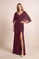 Desert Rose V-Neck Chiffon Sheath Mother of the Bride Dress With Embroidery | KISSBRIDAL