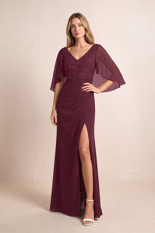Desert Rose V-Neck Chiffon Sheath Mother of the Bride Dress With Embroidery | KISSBRIDAL