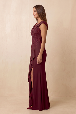 Desert Rose V-Neck Embroidered Sheath Mother of the Bride Dress with Ruffles (3) | KISSBRIDAL