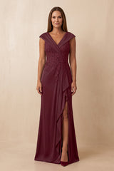 Desert Rose V-Neck Embroidered Sheath Mother of the Bride Dress with Ruffles | KISSBRIDAL