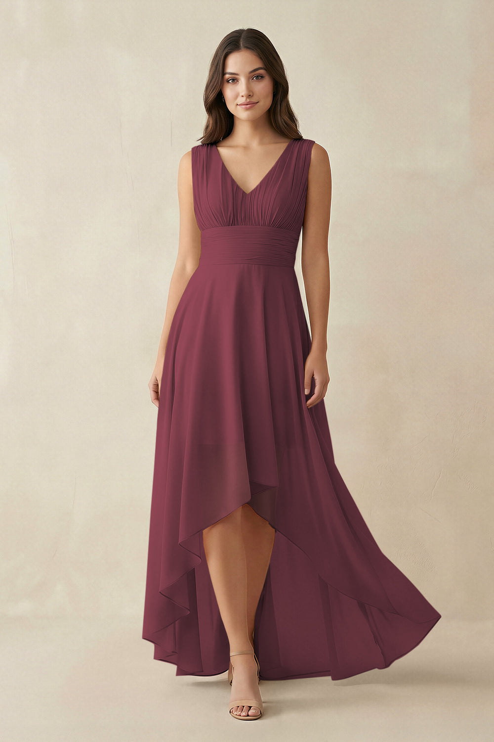 V-Neck High-Low Chiffon Bridesmaid Dress in Desert Rose