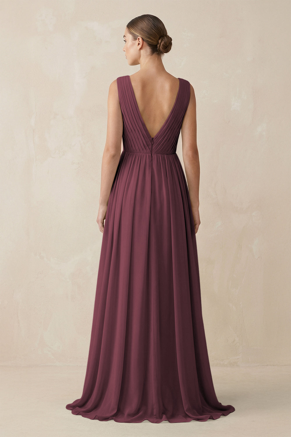 V-Neck Pleated A-Line Chiffon Bridesmaid Dress in Desert Rose