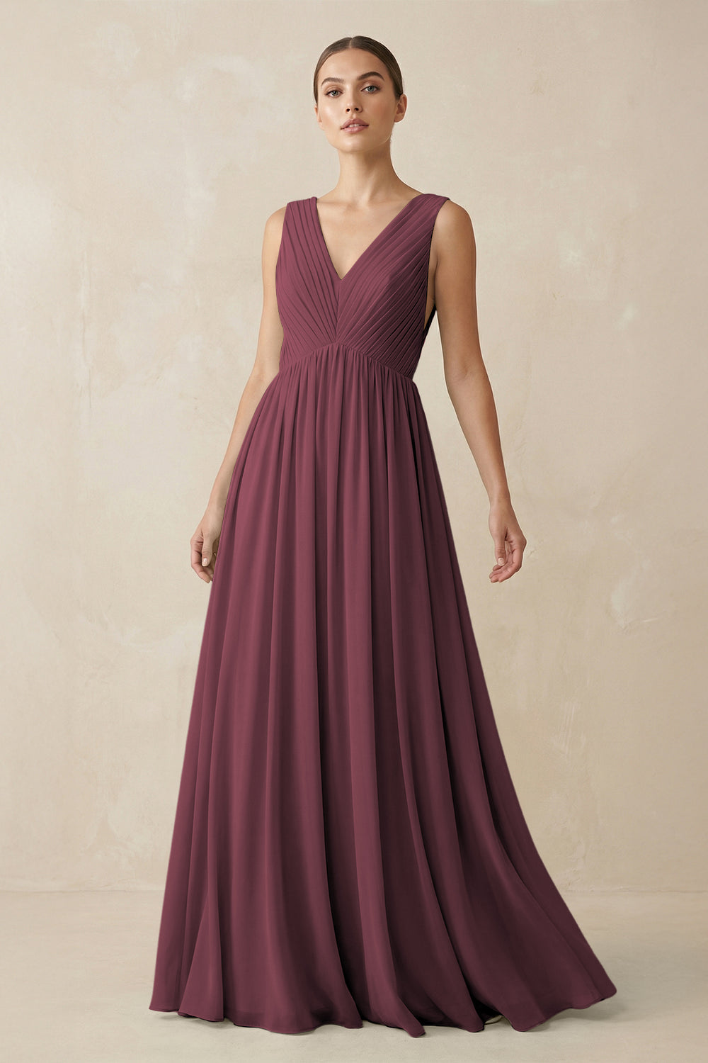 V-Neck Pleated A-Line Chiffon Bridesmaid Dress in Desert Rose