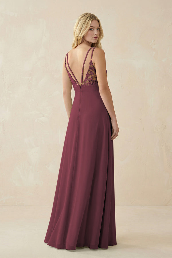 Desert Rose V-Neck Ruched Chiffon Bridesmaid Dress with Slit (2) | KISSBRIDAL