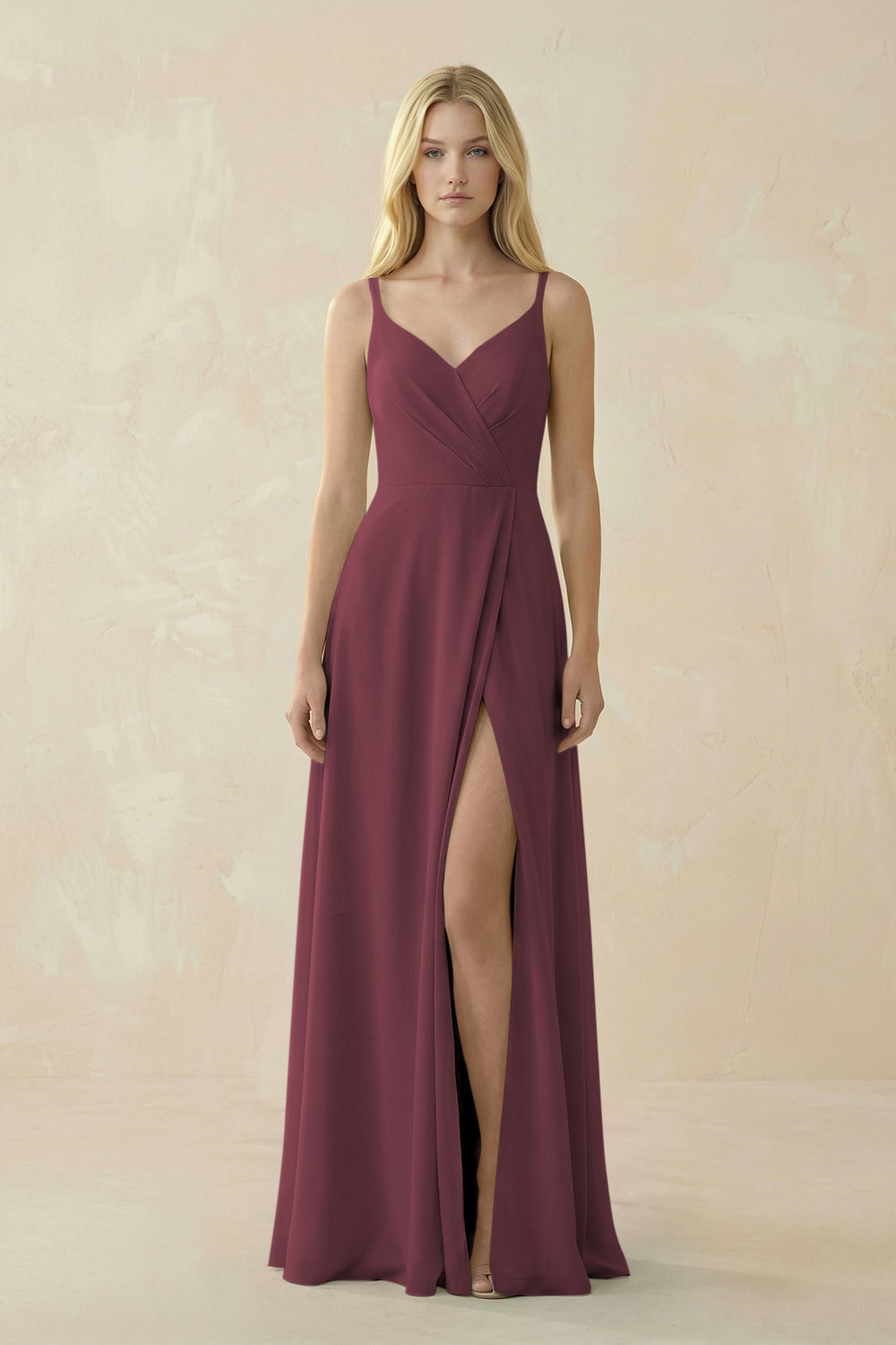 V-Neck Ruched Chiffon Bridesmaid Dress with Slit in Desert Rose