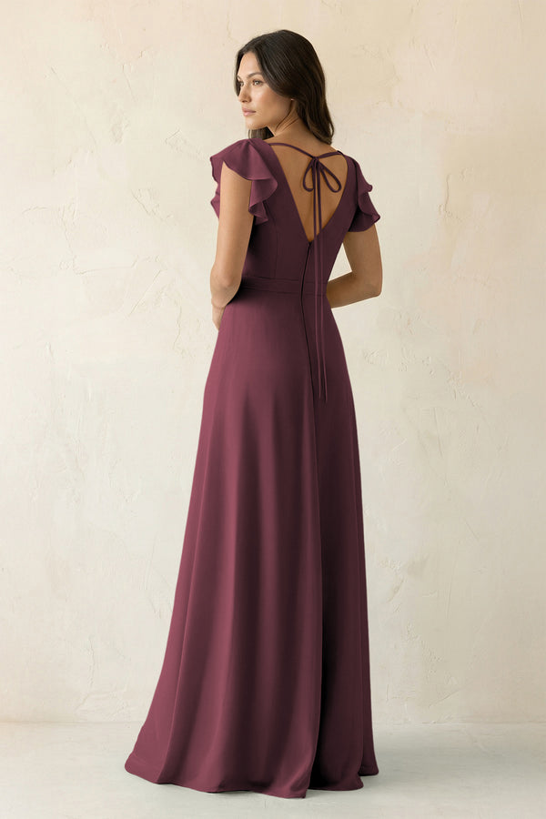 Desert Rose V-Neck Ruffled A-Line Chiffon Bridesmaid Dress (2) | KISSBRIDAL