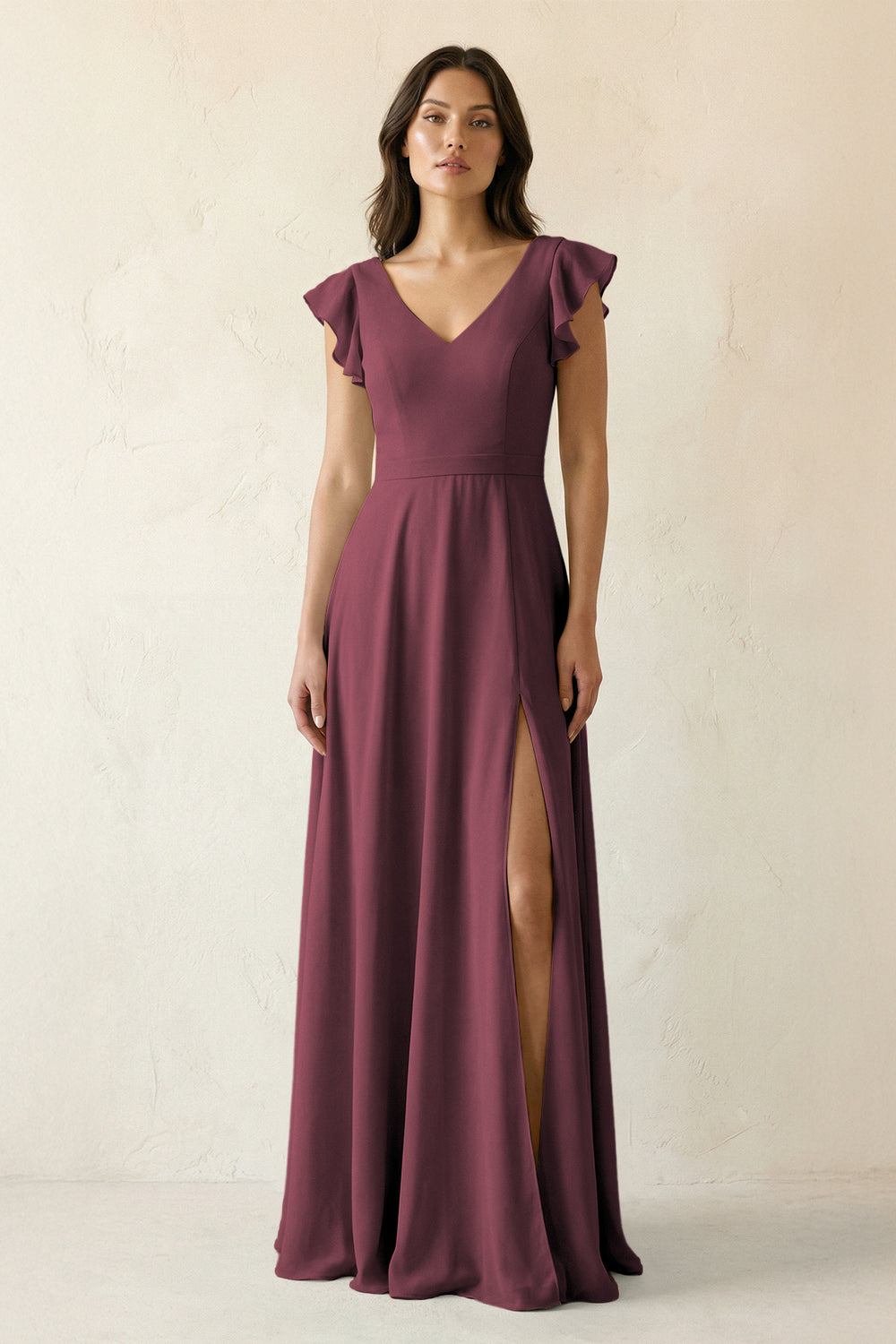 V-Neck Ruffled A-Line Chiffon Bridesmaid Dress in Desert Rose