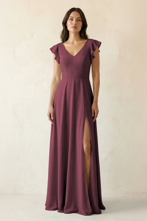 Desert Rose V-Neck Ruffled A-Line Chiffon Bridesmaid Dress | KISSBRIDAL