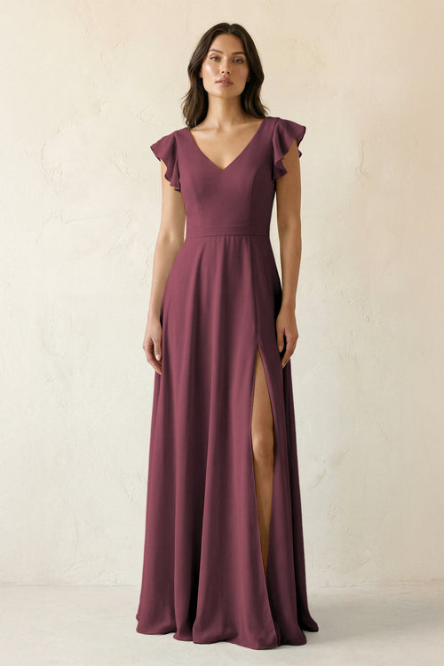 Desert Rose V-Neck Ruffled A-Line Chiffon Bridesmaid Dress | KISSBRIDAL