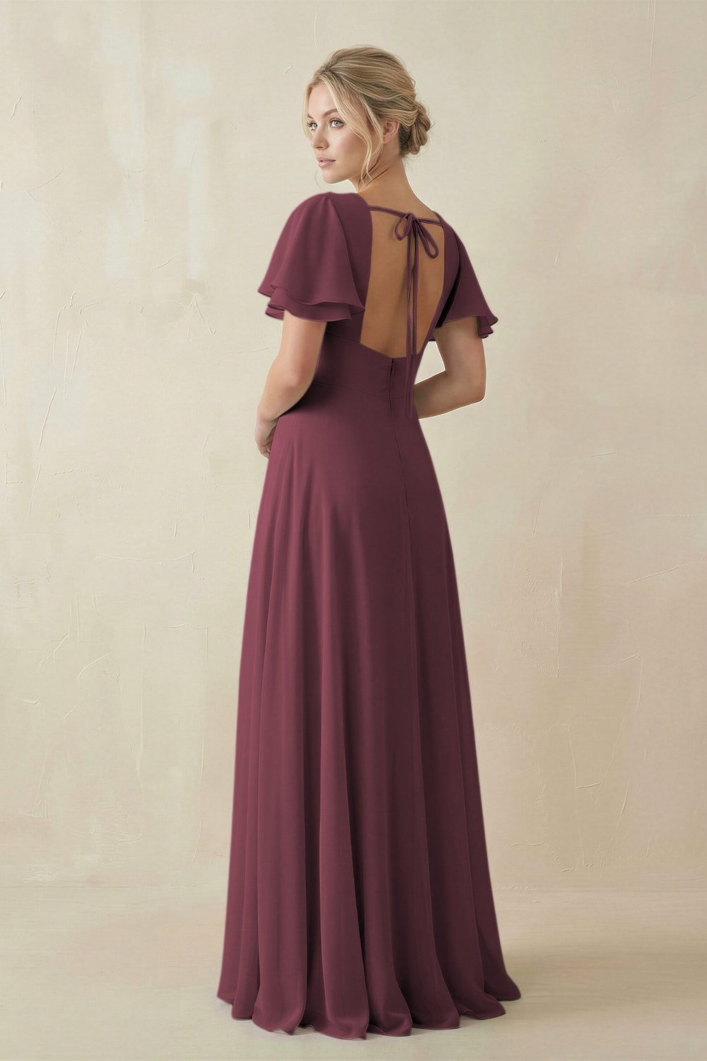 V-Neck Ruffled Short Sleeves A-Line Bridesmaid Dress in Desert Rose