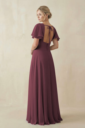 Desert Rose V-Neck Ruffled Short Sleeves A-Line Bridesmaid Dress (2) | KISSBRIDAL