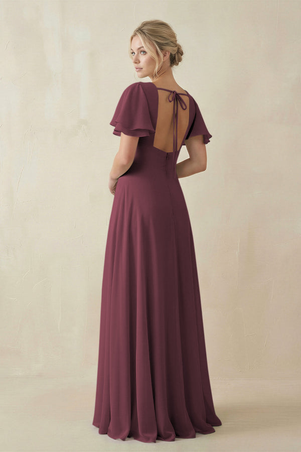 Desert Rose V-Neck Ruffled Short Sleeves A-Line Bridesmaid Dress (2) | KISSBRIDAL