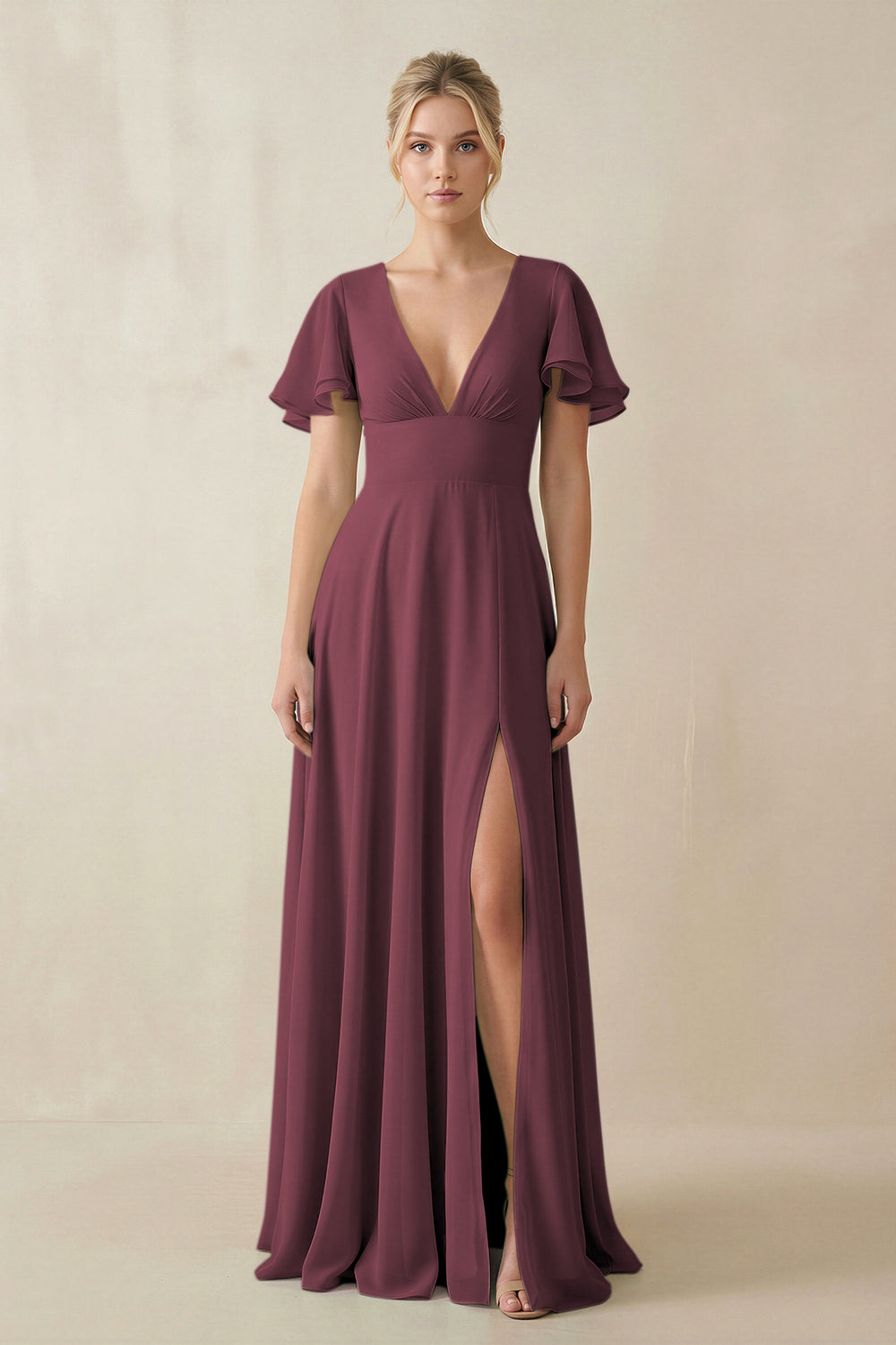 V-Neck Ruffled Short Sleeves A-Line Bridesmaid Dress in Desert Rose