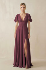 Desert Rose V-Neck Ruffled Short Sleeves A-Line Bridesmaid Dress | KISSBRIDAL