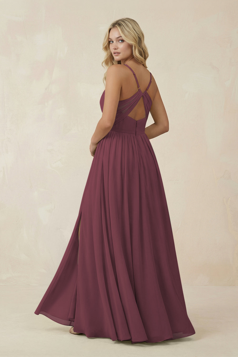 V-Neck Spaghetti Strap A-Line Chiffon Bridesmaid Dress in Desert Rose