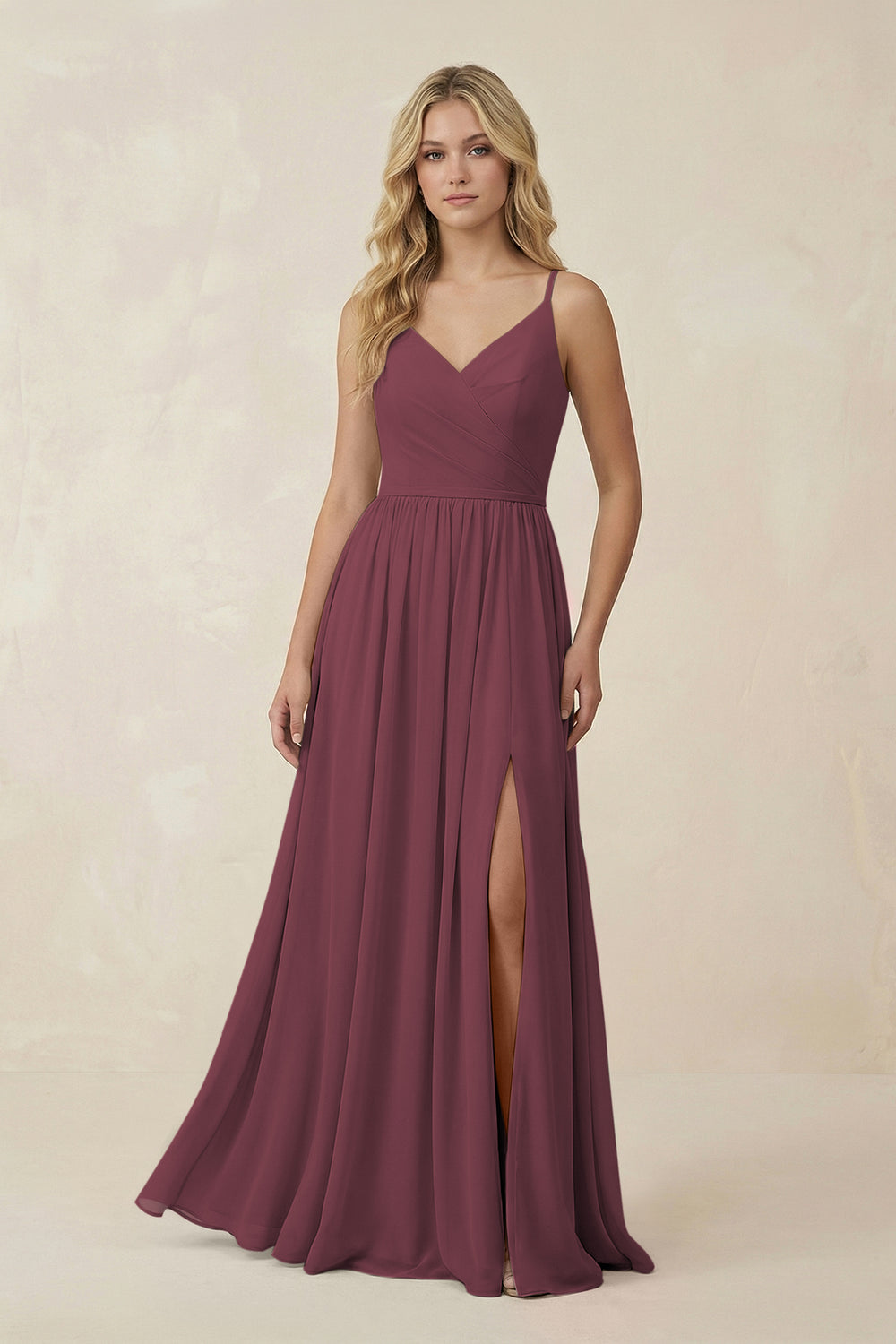 V-Neck Spaghetti Strap A-Line Chiffon Bridesmaid Dress in Desert Rose