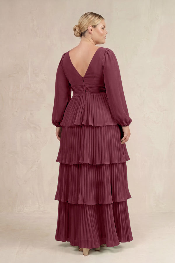 Desert Rose V-Neck Tiered A-Line Long Sleeve Bridesmaid Dress (2) [sizeplus] | KISSBRIDAL
