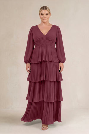 Desert Rose V-Neck Tiered A-Line Long Sleeve Bridesmaid Dress [sizeplus] | KISSBRIDAL