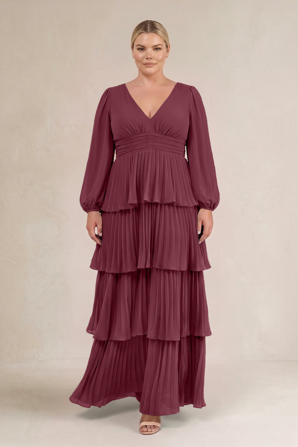 Desert Rose V-Neck Tiered A-Line Long Sleeve Bridesmaid Dress [sizeplus] | KISSBRIDAL