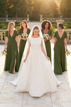 Diamond White A Line Bateau Neck Satin Wedding Dress | KISSBRIDAL
