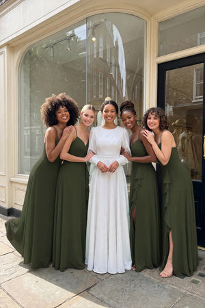 Diamond White A Line Long Sleeves Satin Wedding Dress | KISSBRIDAL