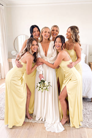 Diamond White A Line V Neck Satin Long Sleeves Wedding Dress | KISSBRIDAL