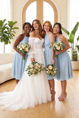 Diamond White Ball-Gown Long Sleeves Tulle Wedding Dress With Appliques | KISSBRIDAL