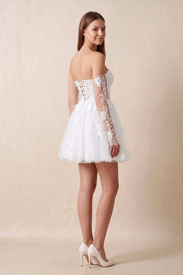 White Off-the-Shoulder Flower Appliqued Tulle A-Line Mini Wedding Dress (2) | KISSBRIDAL