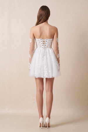 White Off-the-Shoulder Flower Appliqued Tulle A-Line Mini Wedding Dress (3) | KISSBRIDAL