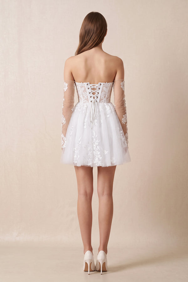 White Off-the-Shoulder Flower Appliqued Tulle A-Line Mini Wedding Dress (3) | KISSBRIDAL