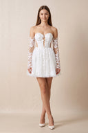 White Off-the-Shoulder Flower Appliqued Tulle A-Line Mini Wedding Dress | KISSBRIDAL