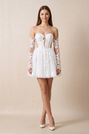 White Off-the-Shoulder Flower Appliqued Tulle A-Line Mini Wedding Dress | KISSBRIDAL