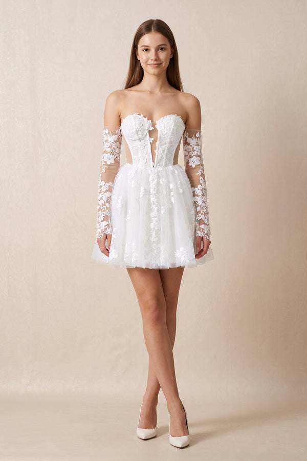 White Off-the-Shoulder Flower Appliqued Tulle A-Line Mini Wedding Dress | KISSBRIDAL