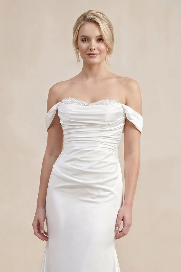 White Pearls Off-the-Shoulder Mermaid Long Wedding Dress 