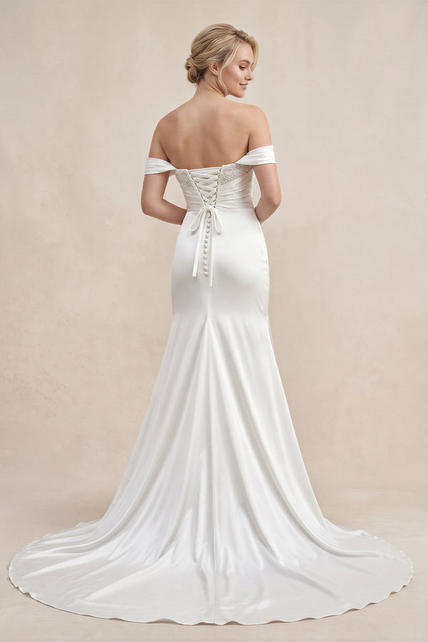 White Pearls Off-the-Shoulder Mermaid Long Wedding Dress 