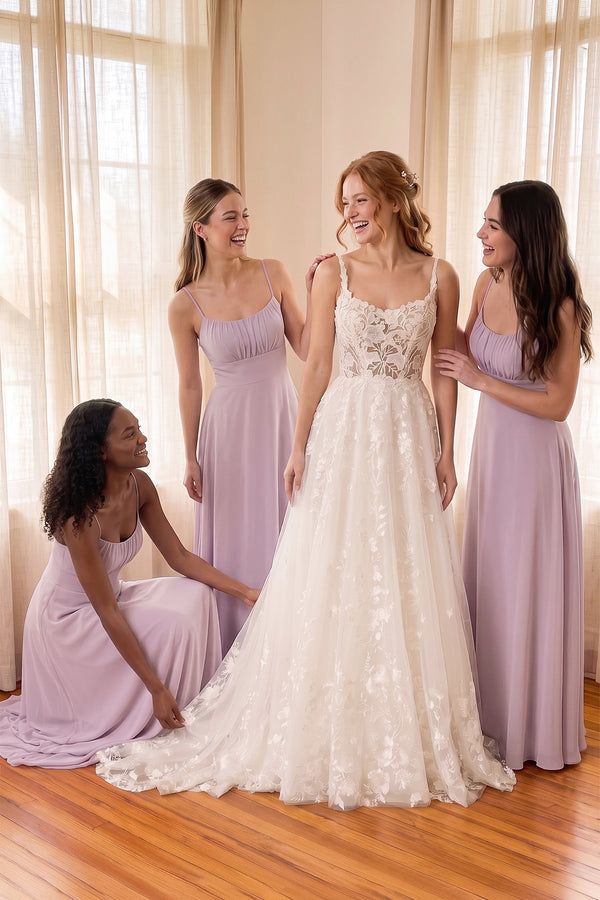 Diamond White Spaghetti Straps Open Back Lace Wedding Dress | KISSBRIDAL